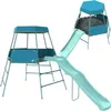 A teal and light blue metal climbing frame with two slides and a canopy on a white background. Produktbild-Vorschau