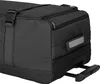 A close-up view of the side and bottom of a black rolling travel bag. Voir les images du produit