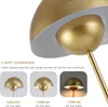 Close-up of a golden floor lamp with three inset images showing different light settings. Voir les images du produit