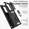 A black phone case with various features highlighted by text overlays. Produktbild-Vorschau
