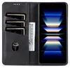A black leather wallet-style phone case with card slots and a phone screen displaying a colorful abstract image. Produktbild-Vorschau