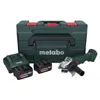 A Metabo angle grinder set including the grinder, two batteries, a charger, and a storage case, displayed on a white background. Voir les images du produit