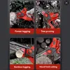 A collage of four images showing a mini chainsaw being used for different tasks like forest logging, tree pruning, bamboo logging, and wood field cutting. Produktbild-Vorschau