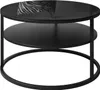 A black, round, two-tiered coffee table with a glass top and a metal frame is presented against a white background. A zebra-print pillow is reflected in the glass surface. Produktbild-Vorschau