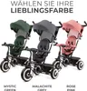 Three Kinderkraft ASTON tricycles in different colors (green, gray, and pink) are displayed side-by-side against a white background. Text above the tricycles reads 'WÄHLEN SIE IHRE LIEBLINGSFARBE' (Choose your favorite color). Below each tricycle, the colo Produktbild-Vorschau