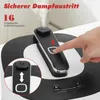 A hand is shown pressing a button on the lid of a multi-cooker, with steam escaping from the top. Produktbild-Vorschau
