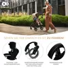 A woman pushing a baby stroller on a wooden walkway next to a building and greenery. Below are close-up images of stroller features. Voir les images du produit
