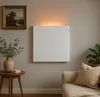 A white square heater mounted on a light gray wall, with a painting and a plant in the foreground. Náhled obrázku produktu