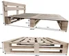 Two views of a wooden pallet bed frame with dimensions indicated. Produktbild-Vorschau