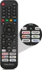 A remote control is shown with a magnified inset of its buttons, highlighting smart TV app icons. Produktbild-Vorschau