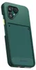 A dark green phone case is shown from a diagonal angle, highlighting its camera cutout and a subtle brand logo at the bottom. Anteprima dell’immagine prodotto