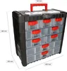 A black and clear plastic storage organizer with red handles, showing dimensions. Produktbild-Vorschau