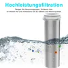 A water filter is shown partially submerged in water, with illustrations of impurities being filtered out. Produktbild-Vorschau