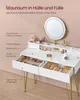 A white vanity table with a lighted mirror and drawers filled with makeup and beauty products, set against a light pink wall. Produktbild-Vorschau