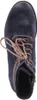 A top-down view of a blue suede boot with brown laces. Podgląd zdjęcia produktu