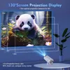 A projector is shown projecting an image of a panda onto a wall, with text overlay describing its features and capabilities. Produktbild-Vorschau