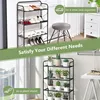 A collage showing a black metal shelf unit used as a shoe rack and then as a plant stand. Produktbild-Vorschau