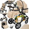 A collage of different components and configurations of a baby stroller system, including the stroller frame, bassinet, car seat, and accessories like a diaper bag and bottle holders. Produktbild-Vorschau