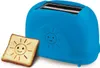 A blue toaster with a slice of toast imprinted with a sun design. Produktbild-Vorschau