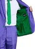 Close-up of a person wearing a purple and white pinstripe suit with a green tie. Podgląd zdjęcia produktu