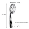 A chrome-finished shower head with dimensions indicated. Produktbild-Vorschau