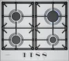 A top-down view of a gas hob with four burners, one of which is lit. Produktbild-Vorschau