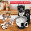 A kitchen scene with a stand mixer in the foreground, surrounded by images of various baked goods and a smartphone displaying recipes. Produktbild-Vorschau