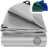 A folded gray tarpaulin is shown in the foreground, with smaller folded green and blue tarpaulins in the background. The gray tarpaulin has reinforced corners with grommets. Produktbild-Vorschau