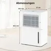 A white dehumidifier is shown with dimensions indicated by lines and text. Produktbild-Vorschau