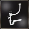 A white sink drain assembly with a flexible hose and a black stopper, set against a black background with a gold border. Podgląd zdjęcia produktu