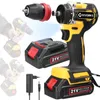 A collage of a cordless drill and its accessories, including batteries and a charger, with a person holding a drill in the background. Produktbild-Vorschau