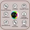 A circular alarm clock with a colorful LED ring is shown in the center, surrounded by icons and text describing its features. Produktbild-Vorschau