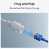 A close-up illustration of an Ethernet cable connector being plugged into a port, with blue light emanating from the connection point. Produktbild-Vorschau