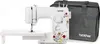 A white Brother sewing machine with floral decorations and a gray carrying bag. Produktbild-Vorschau