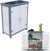 A collage showing a garden shed and an open cabinet with gardening tools. Produktbild-Vorschau