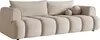 A taupe sofa with rounded cushions and two decorative pillows.