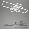 A modern, geometric LED ceiling light fixture with multiple interlocking rectangular frames, shown against a plain gray background. Below the fixture, technical drawings illustrate its dimensions and profile. Anteprima dell’immagine prodotto