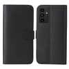 A black flip-style phone case is shown open, displaying the inside of the case and the back of a phone with its camera array. Produktbild-Vorschau