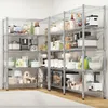 A corner of a room with multiple shelves filled with kitchen appliances and food items. Voir les images du produit