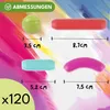 A diagram showing the dimensions of different magnetic building block shapes against a colorful, abstract background. Náhled obrázku produktu