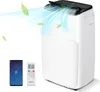 A white portable air conditioner with a black top panel, emitting blue air and green leaves. A smartphone and a remote control are placed in front of the unit. Produktbild-Vorschau