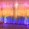 A room decorated with LED string lights draped over curtains, creating a festive and colorful ambiance. Produktbild-Vorschau