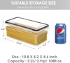 A clear plastic storage container filled with spaghetti is shown next to a can of soda, with dimensions and capacity information provided. Produktbild-Vorschau