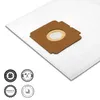 A white vacuum cleaner bag with a brown cardboard attachment and a circular opening. Produktbild-Vorschau