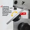 Close-up of a bandsaw's tilting table with text highlighting its adjustable angle. Produktbild-Vorschau
