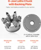 A 6-jaw lathe chuck and a backing plate are shown, along with a table detailing jaw sizes. Anteprima dell’immagine prodotto