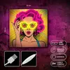 A neon art piece featuring a woman with pink hair and yellow sunglasses that say 'WOOW'. The image also shows product features like USB plug, switch, dimmer, and cable length. Voir les images du produit