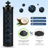 A diagram illustrating the features and benefits of activated carbon water filters, comparing coconut shell activated carbon to ordinary coal carbon. Produktbild-Vorschau