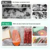 Collage showing before and after food storage. The top section depicts food in a disorganized refrigerator, implying spoilage, while the bottom section shows food neatly vacuum-sealed in plastic bags. Produktbild-Vorschau