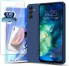 A blue phone case and screen protector are displayed next to a smartphone. Produktbild-Vorschau